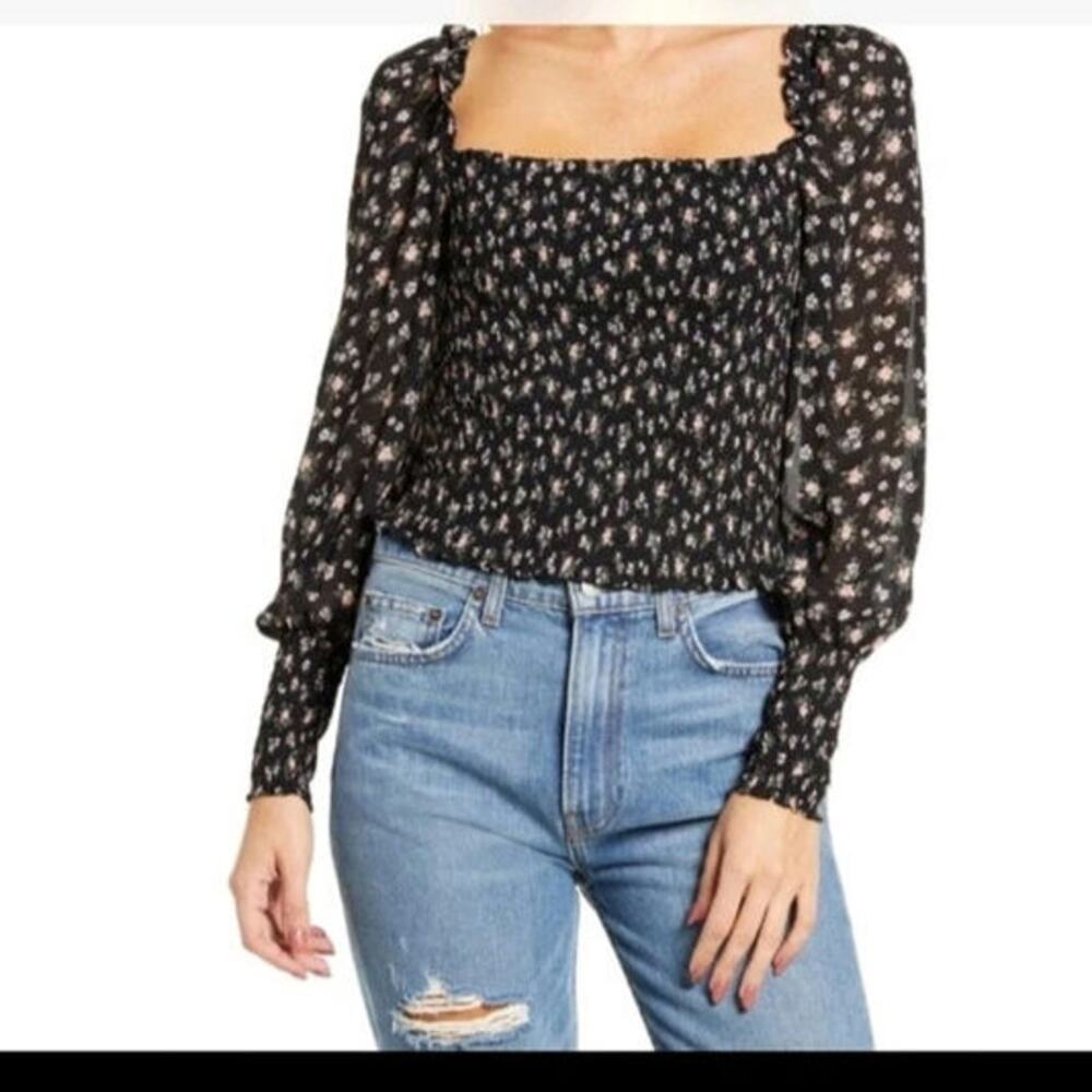 Reformation Pinto Smocked Floral Top in Black Freesia Size: XS
